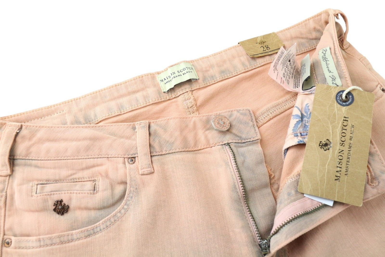 MAISON SCOTCH Petit Ami moteriški džinsai W28 Slim Boyfriend rožinės spalvos, tamprios medvilnės 