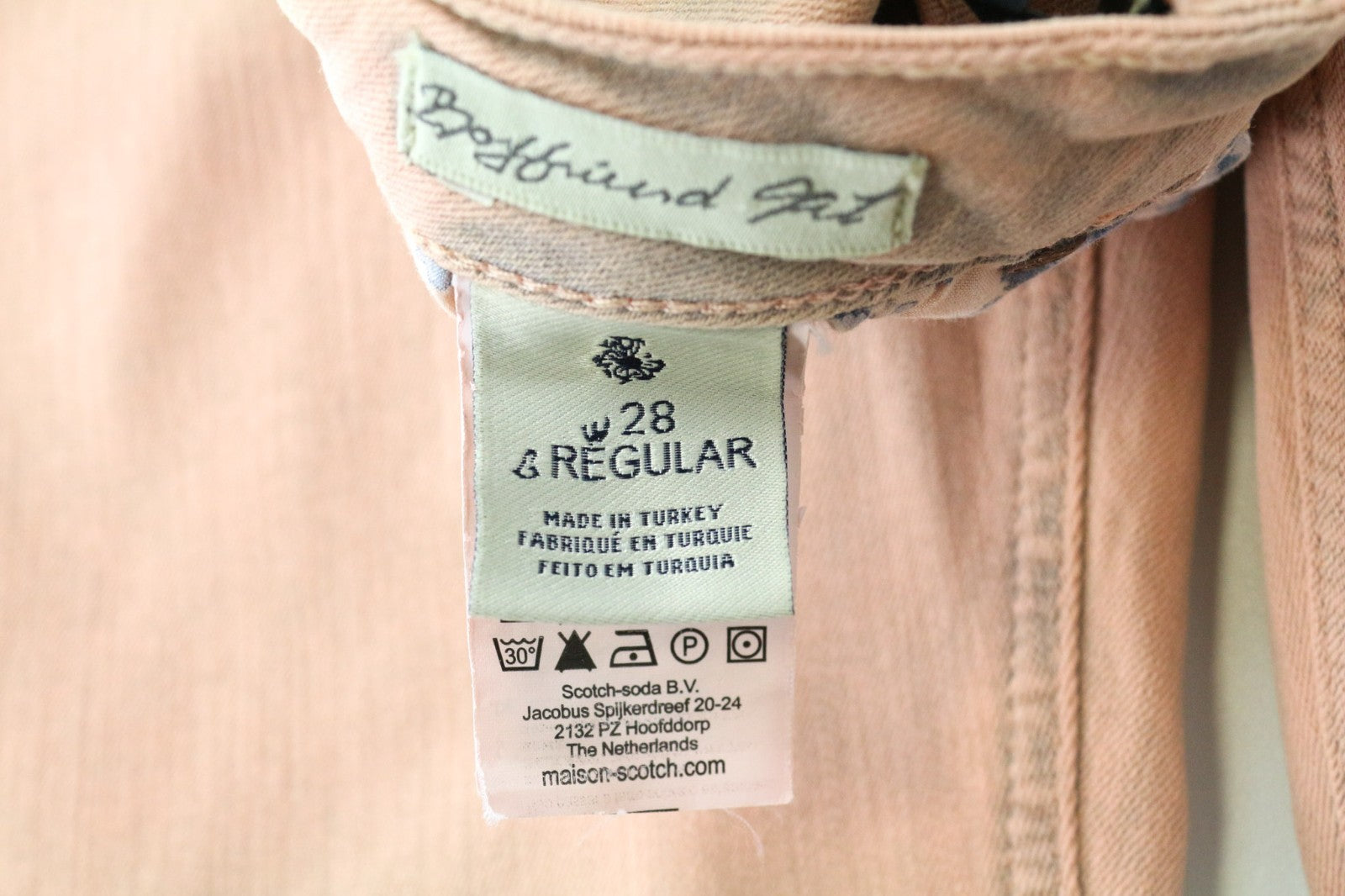 MAISON SCOTCH Petit Ami moteriški džinsai W28 Slim Boyfriend rožinės spalvos, tamprios medvilnės 