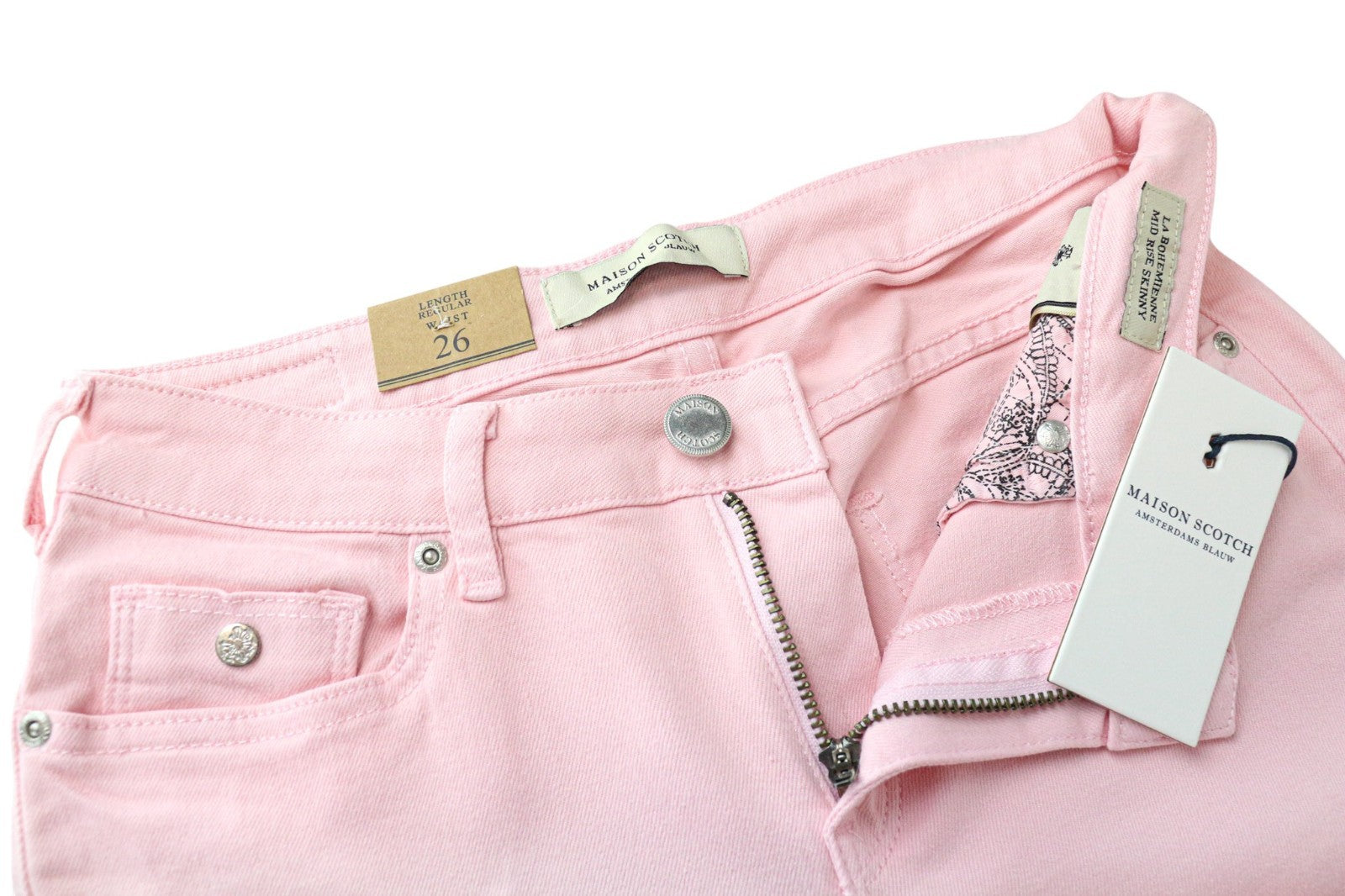 MAISON SCOTCH La Bohemienne moteriški džinsai W26 aptempti rožiniai tamprūs medvilniniai džinsai 