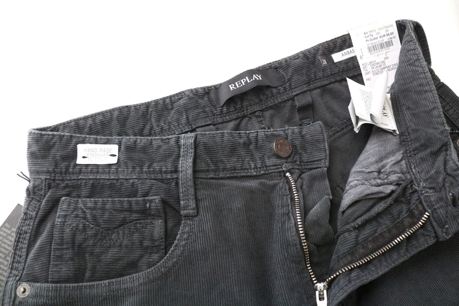 REPLAY Anbass vyriškos kelnės W28/L32 pilkos, plonos, medvilninės, tamprios virvelės, laisvalaikio stiliaus