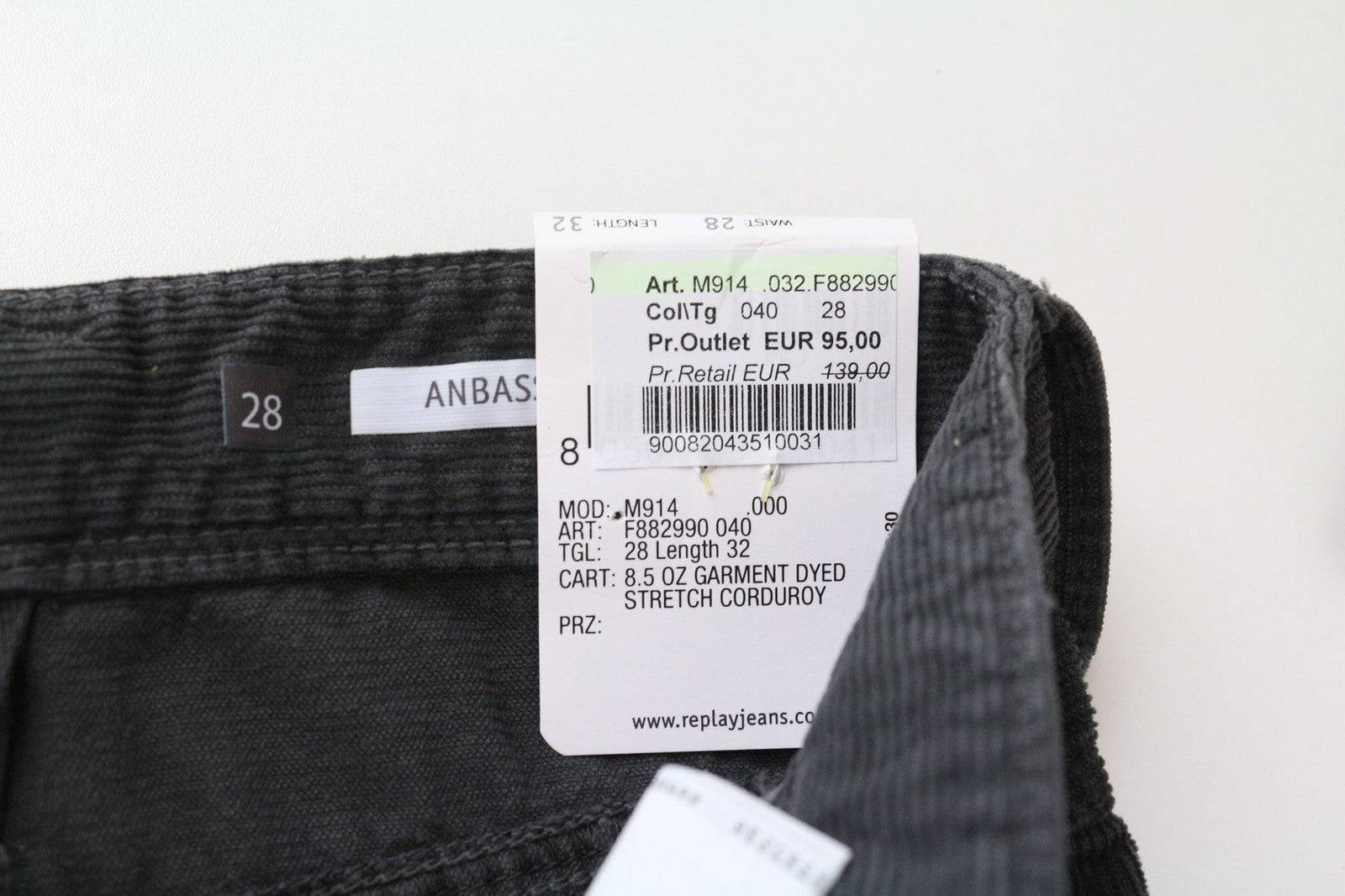 REPLAY Anbass vyriškos kelnės W28/L32 pilkos, plonos, medvilninės, tamprios virvelės, laisvalaikio stiliaus