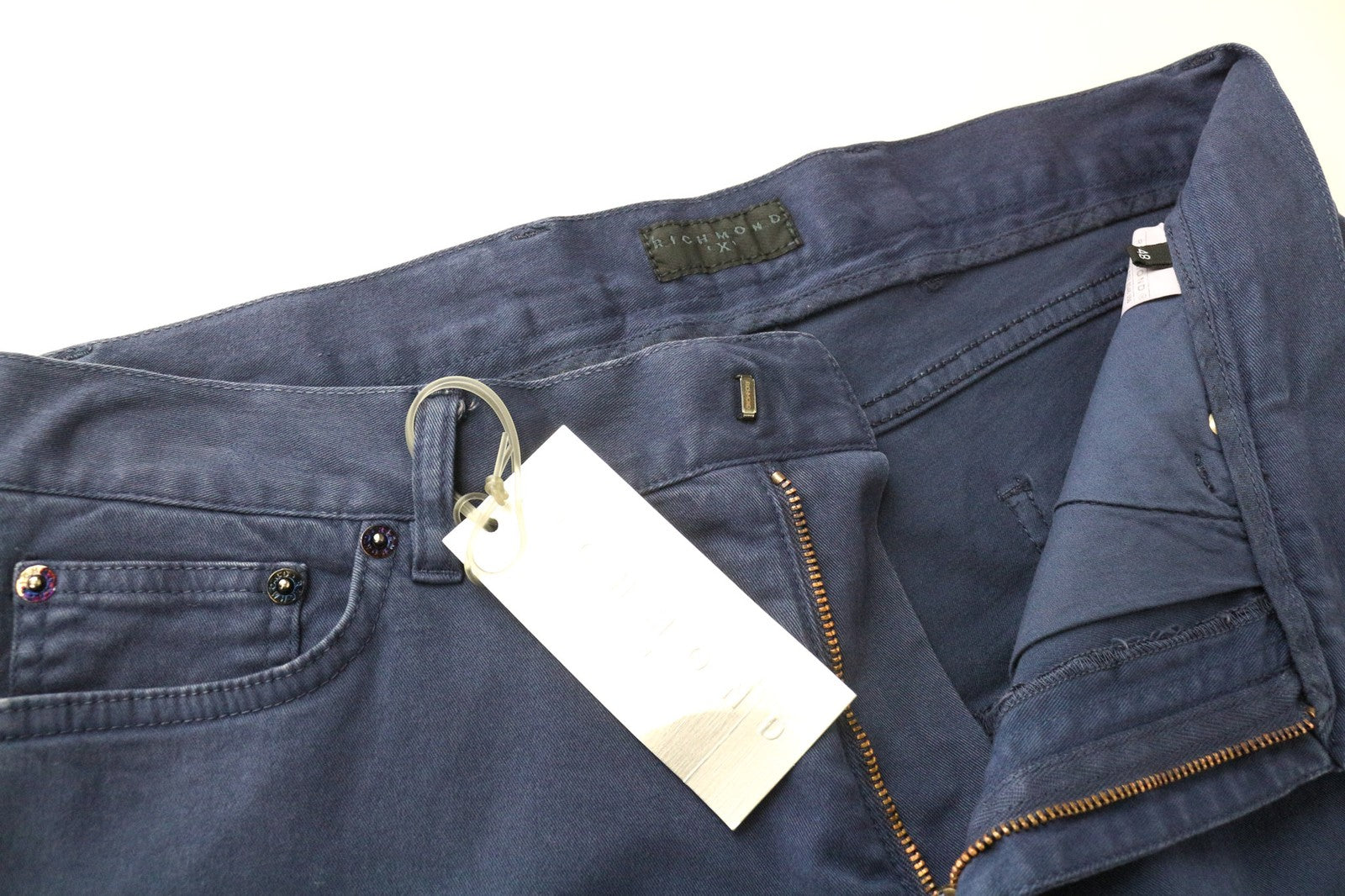 RICHMOND vyriškos kelnės 48 mėlynos medvilnės tamprios plokščio priekio laisvalaikio stiliaus 