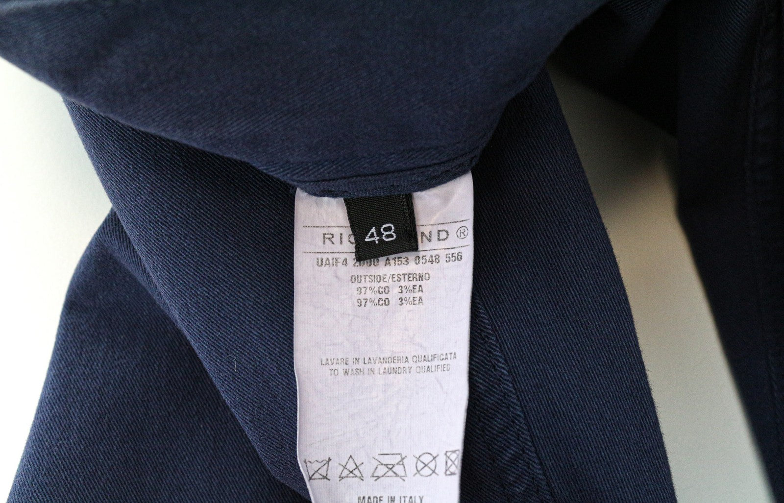 RICHMOND vyriškos kelnės 48 mėlynos medvilnės tamprios plokščio priekio laisvalaikio stiliaus 