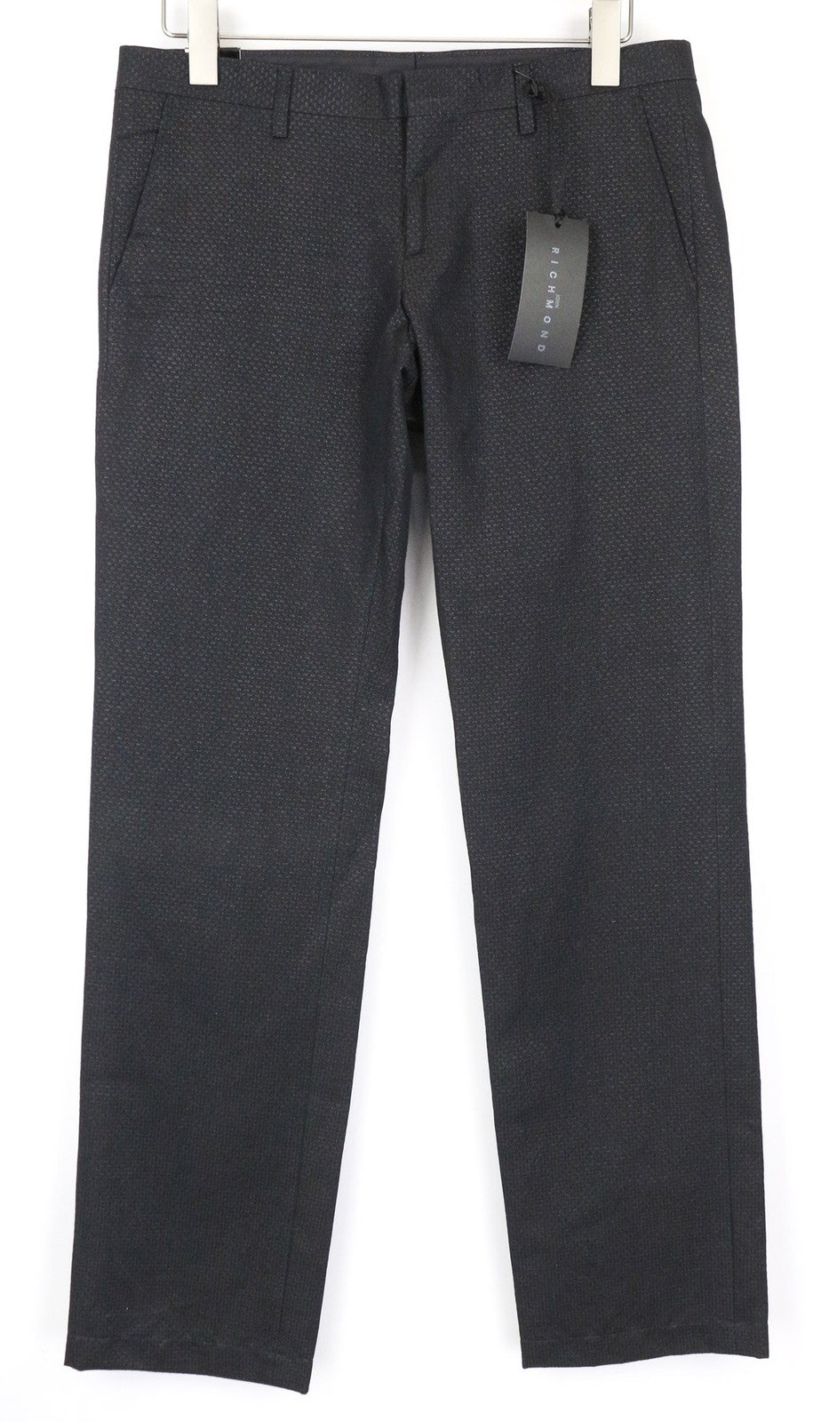 JOHN RICHMOND vyriškos kelnės, UK46, juodos, medvilnės mišinio, plokščio priekio, blizgantys siūlai 