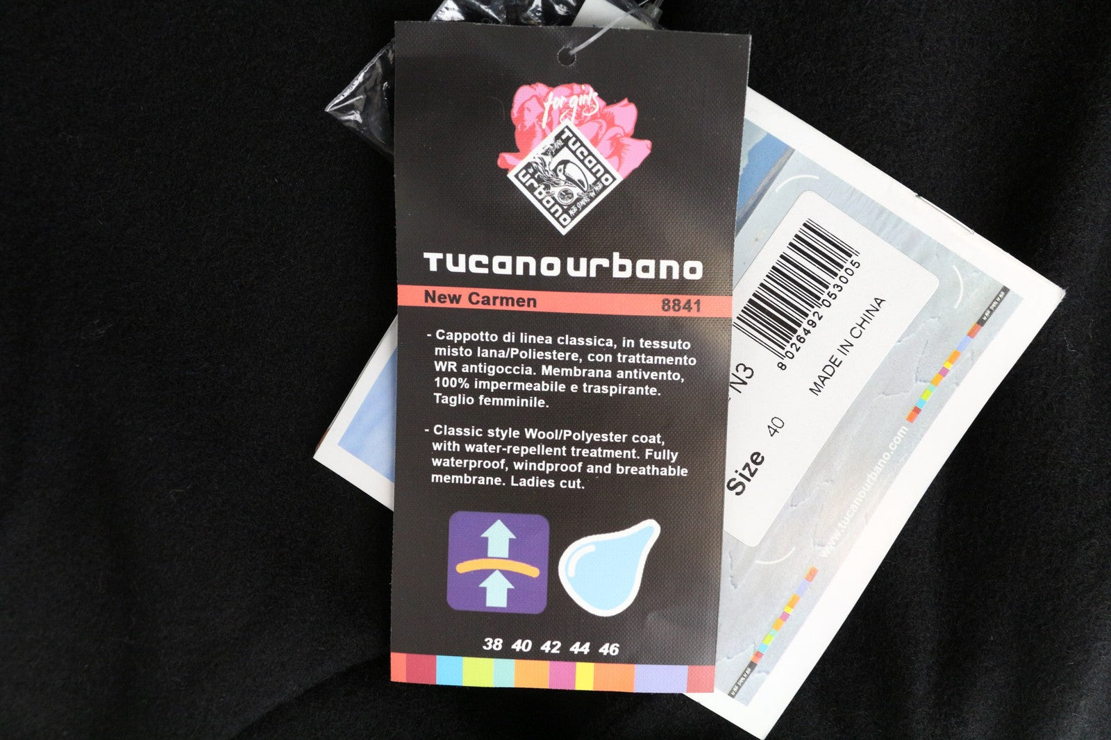 TUCANO URBANO New Carmen moteriškas paltas IT40 juodas vilnonis motociklų stiliaus vieneilis 