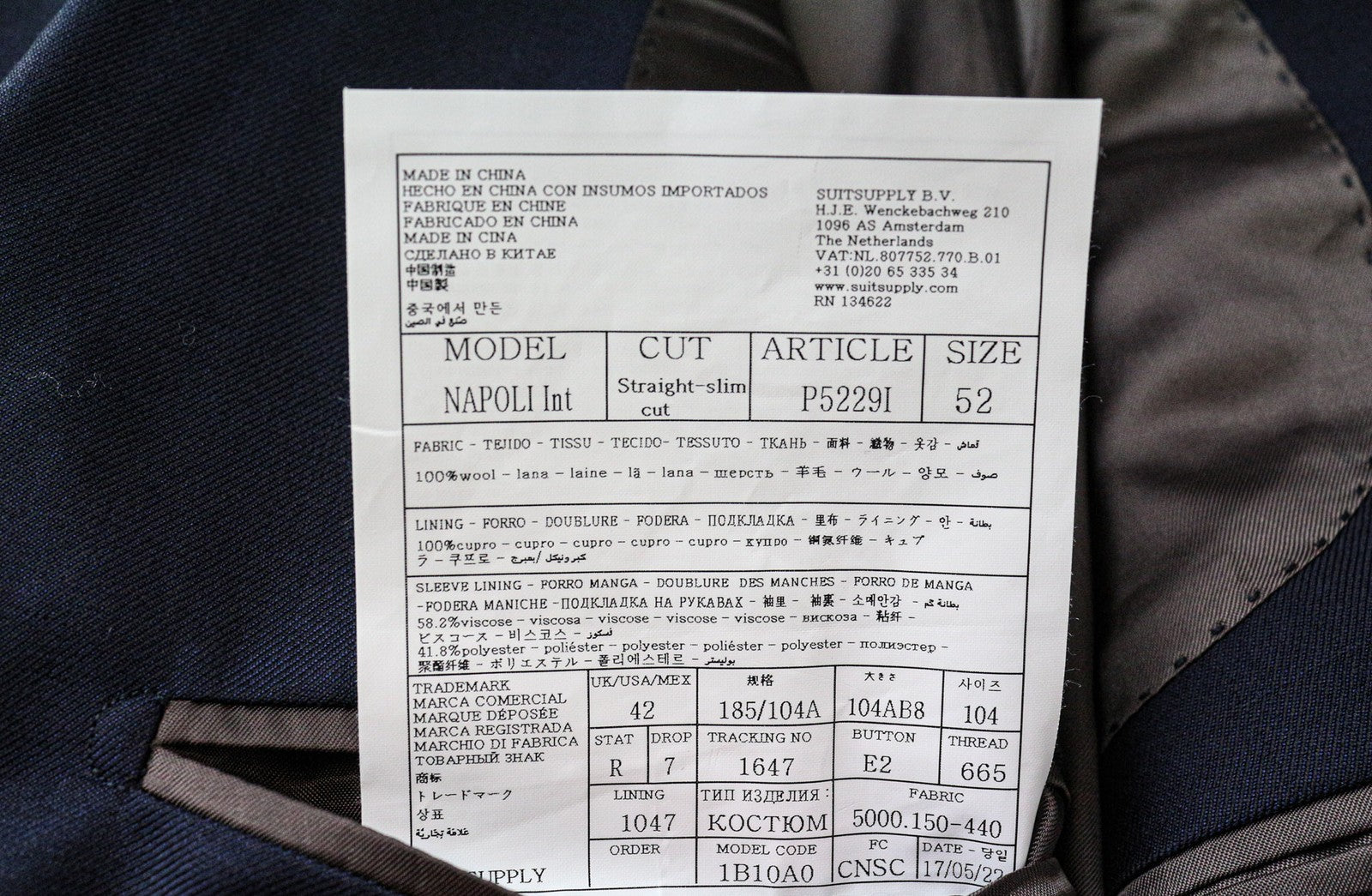 „SUITSUPPLY Napoli“ vyriškas švarkas, UK42R, mėlynas, vilnonis, „Super 110s Zignone“, klasikinio kirpimo 