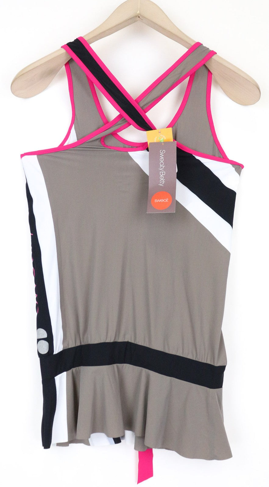 SWEATY BETTY Race Overvest moteriški marškinėliai XS dydžio pilkai rožiniai sportiniai drabužiai be rankovių