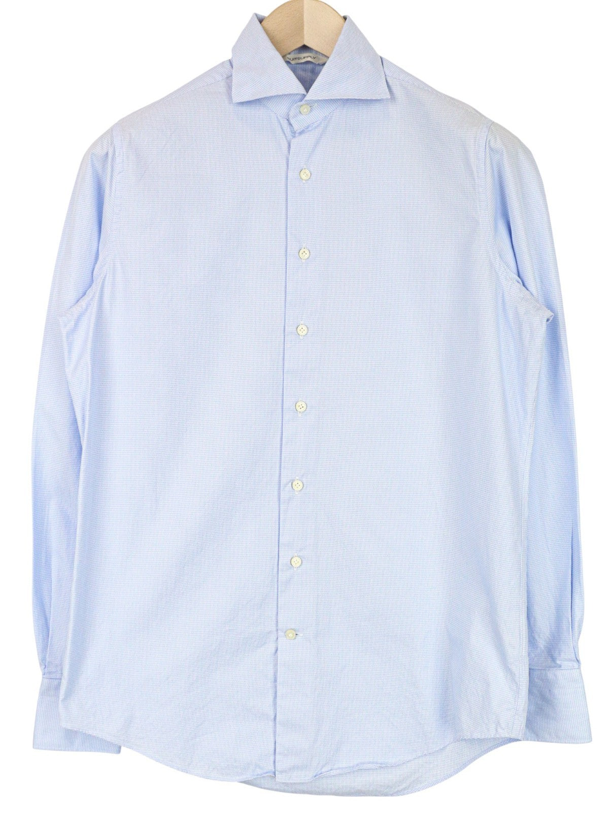 SUITSUPPLY Men's Formal Shirt ~2XS Blue Houndstooth Slim Cotton Melange