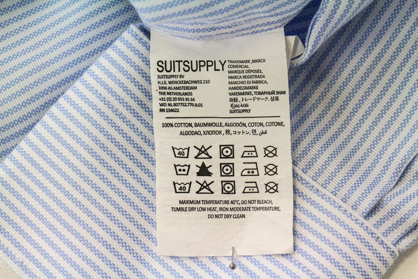SUITSUPPLY vyriški formalūs marškinėliai, 38L/15L, mėlyni dryžuoti, ypač ploni, grynos medvilnės 