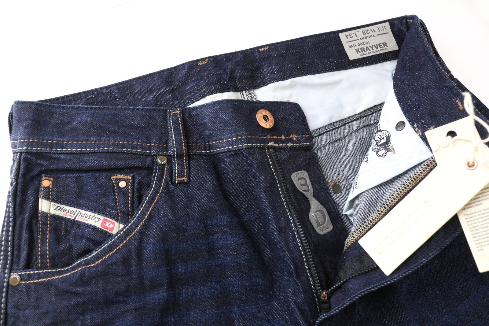 DIESEL Krayver 0823K Men's Slim Carrot Jeans W28/L34 Blue Pure Cotton Denim