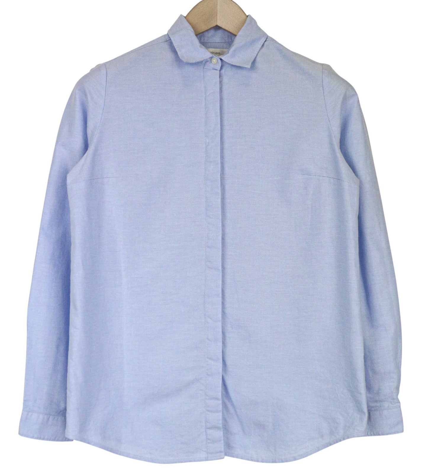 SUISTUDIO moteriški 34R mėlyni grynos medvilnės klasikiniai marškiniai ilgomis rankovėmis su sagomis 
