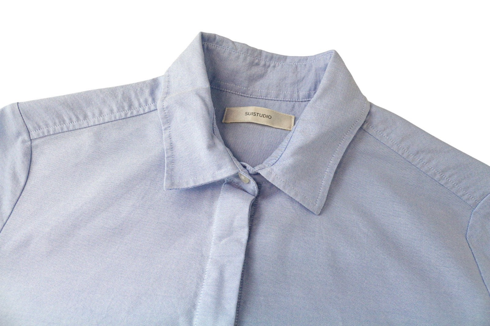 SUISTUDIO moteriški 34R mėlyni grynos medvilnės klasikiniai marškiniai ilgomis rankovėmis su sagomis 