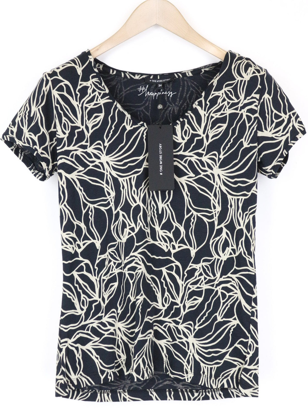 ONE MORE STORY moteriški marškinėliai trumpomis rankovėmis, 34 dydis, tamsiai mėlyni, medvilninio audinio mišinio raštuoti 