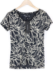 ONE MORE STORY moteriški marškinėliai trumpomis rankovėmis, 34 dydis, tamsiai mėlyni, medvilninio audinio mišinio raštuoti 