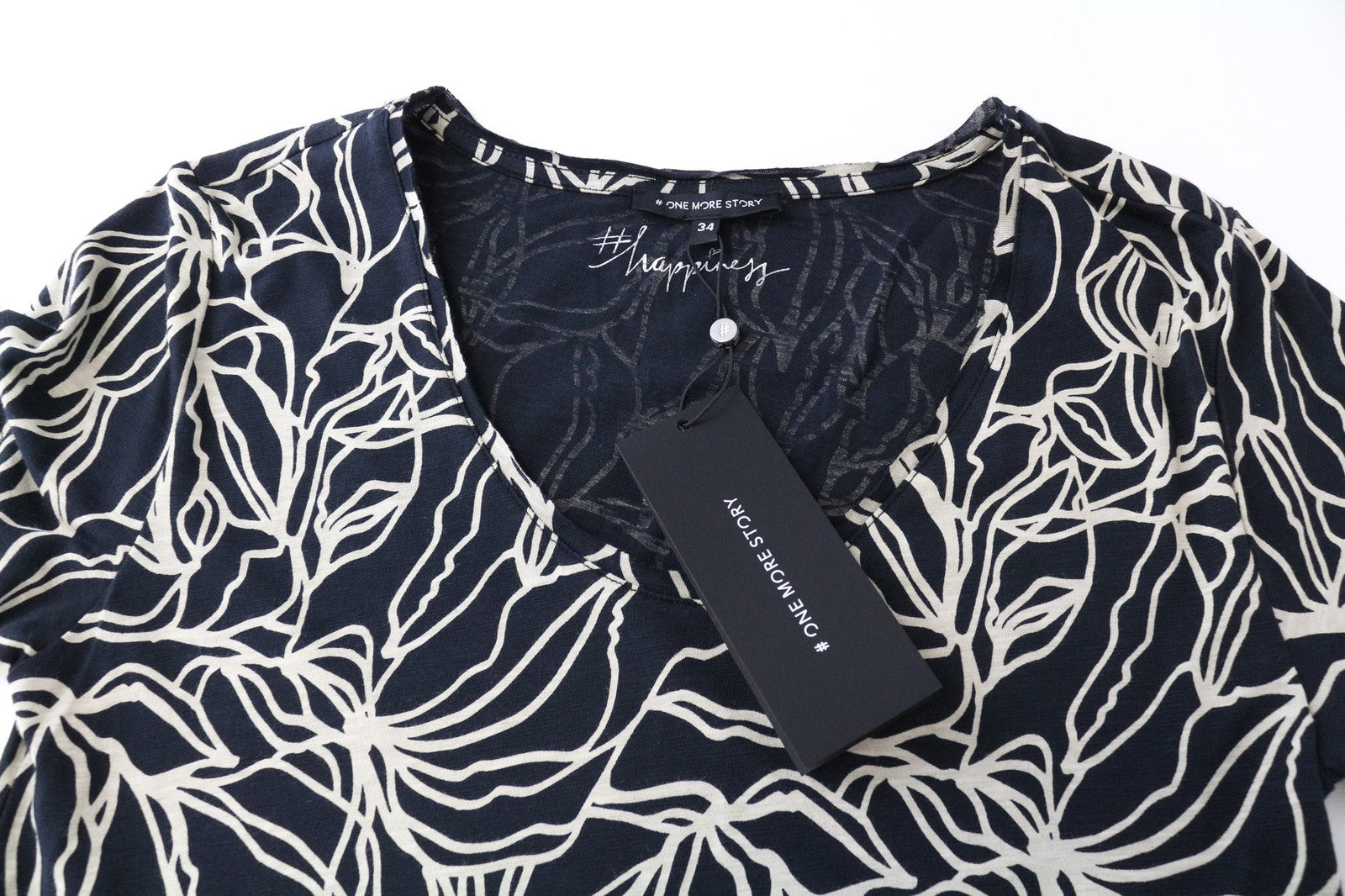 ONE MORE STORY moteriški marškinėliai trumpomis rankovėmis, 34 dydis, tamsiai mėlyni, medvilninio audinio mišinio raštuoti 