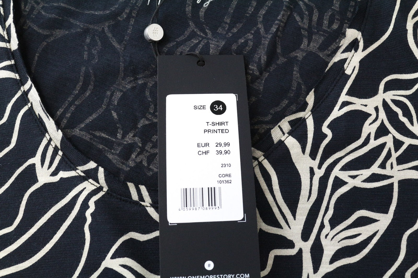 ONE MORE STORY moteriški marškinėliai trumpomis rankovėmis, 34 dydis, tamsiai mėlyni, medvilninio audinio mišinio raštuoti 