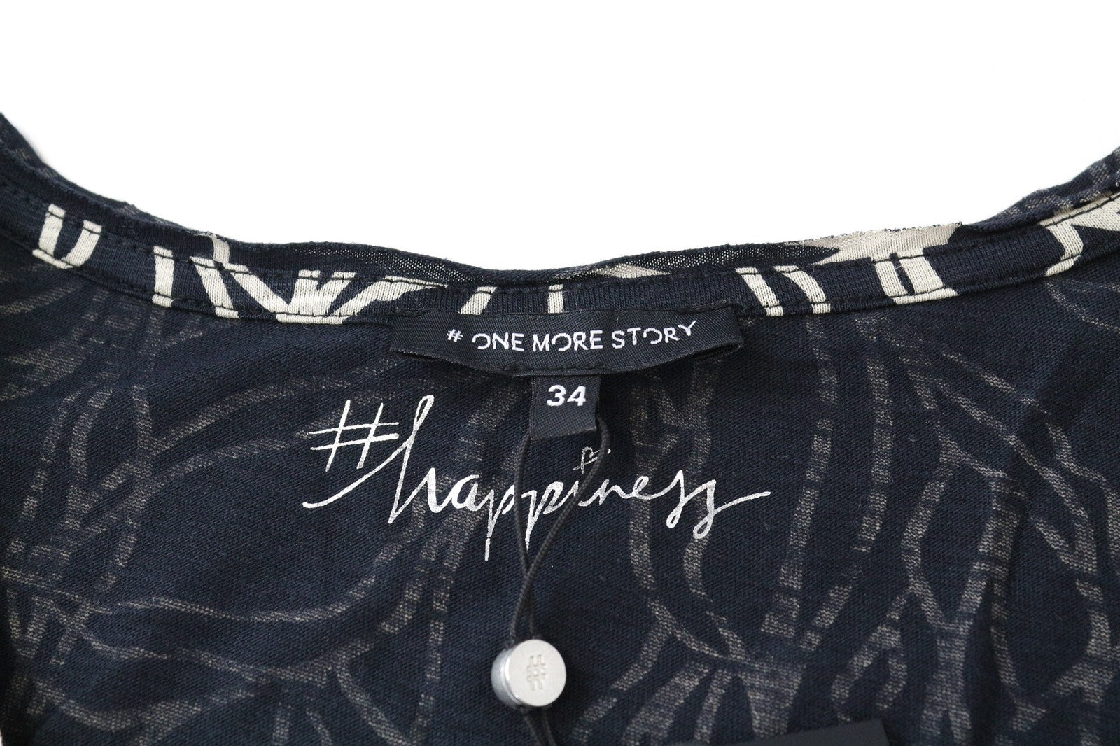 ONE MORE STORY moteriški marškinėliai trumpomis rankovėmis, 34 dydis, tamsiai mėlyni, medvilninio audinio mišinio raštuoti 