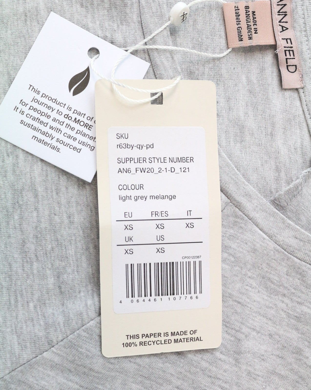 ANNA FIELD moteriški XS dydžio pilki medvilnės mišinio marškinėliai trumpomis rankovėmis su megztiniu 