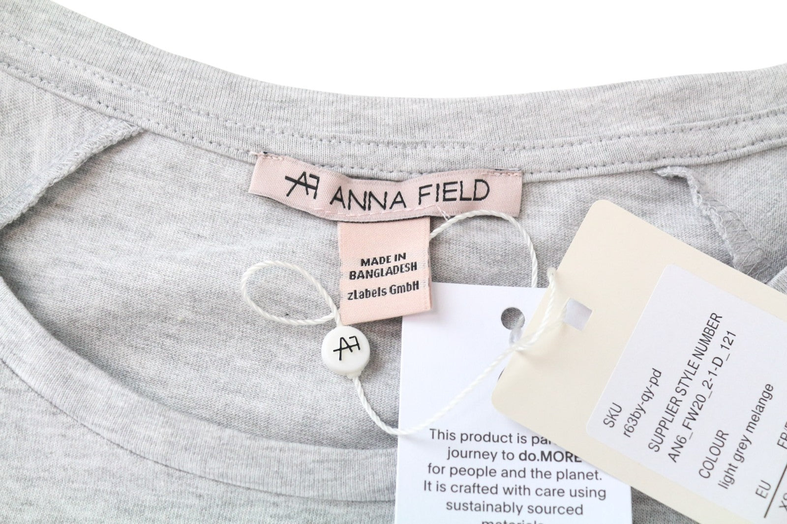 ANNA FIELD moteriški XS dydžio pilki medvilnės mišinio marškinėliai trumpomis rankovėmis su megztiniu 