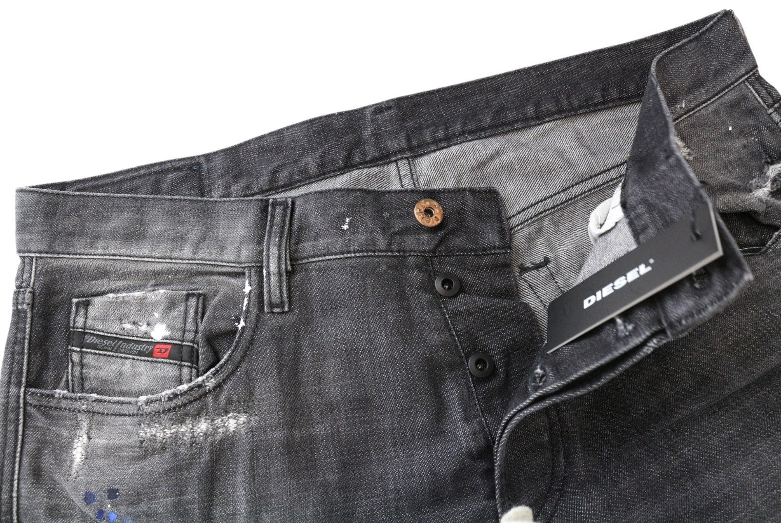 DIESEL Mharky 083AB Men's W34 Slim Skinny Grey Painted Distressed Jeans