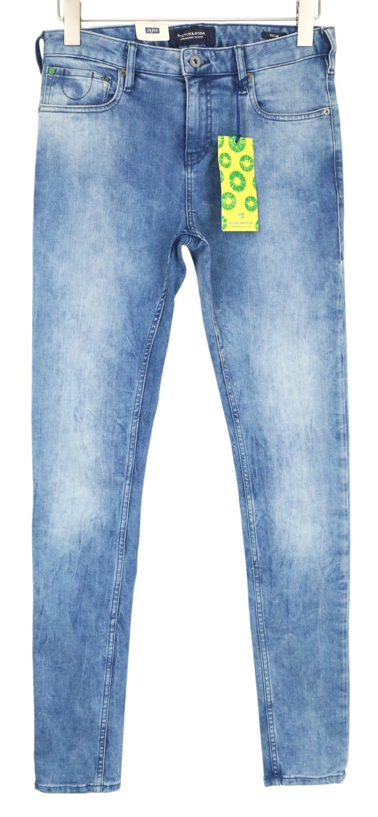 SCOTCH &amp; SODA Skim vyriški W29/L34 aptempti mėlyni medvilniniai tamprūs blukinti džinsai 