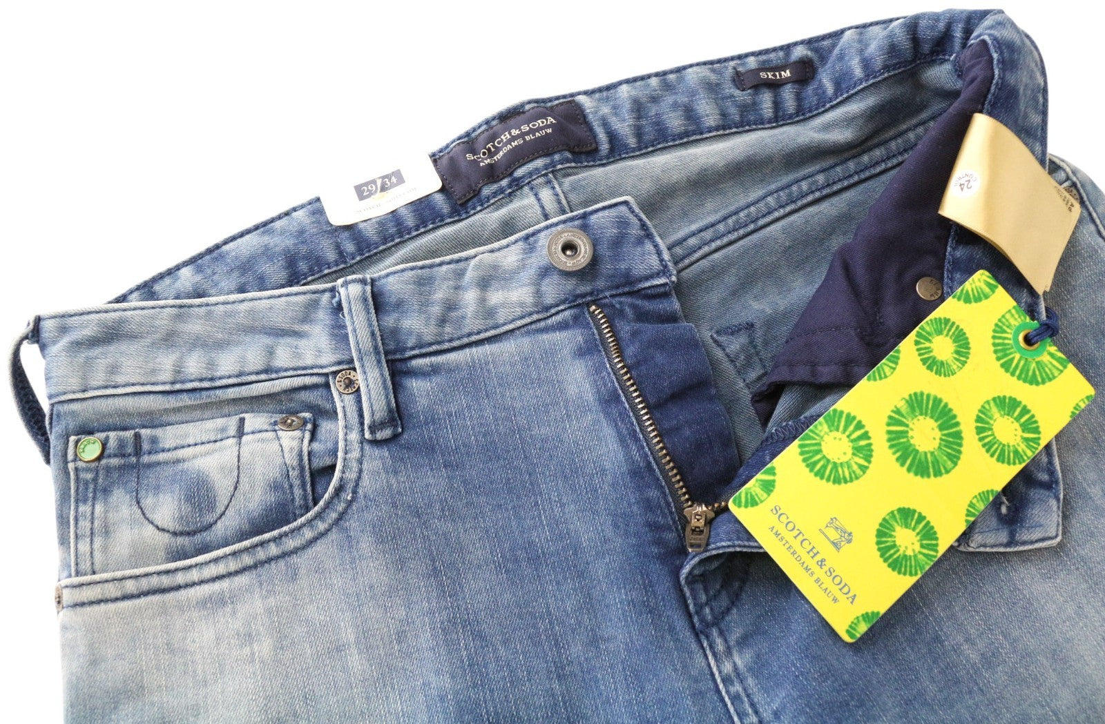 SCOTCH &amp; SODA Skim vyriški W29/L34 aptempti mėlyni medvilniniai tamprūs blukinti džinsai 
