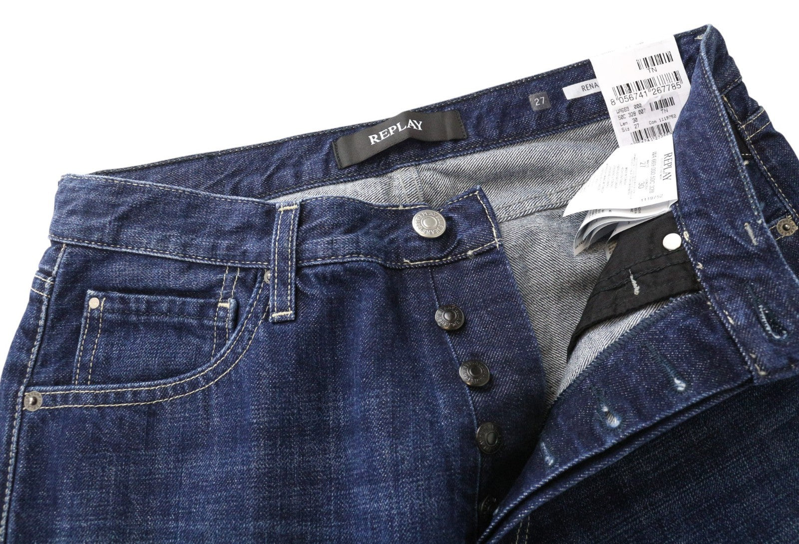 REPLAY Renalei moteriški W27/L30 berniukiško kirpimo mėlyni grynos medvilnės skalbti džinsai 