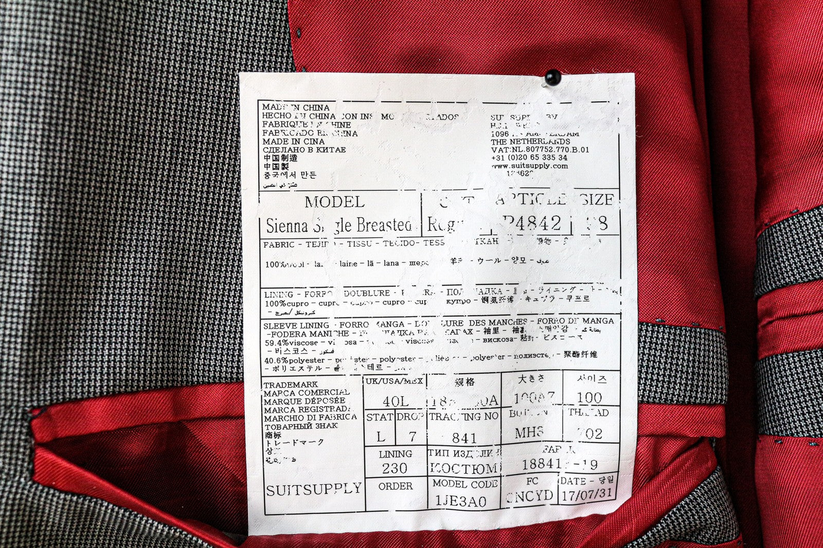 „SUITSUPPLY Sienna“ vyriškas pilkas raštuotas vilnonis švarkas „UK40L“ (vieneilis) 