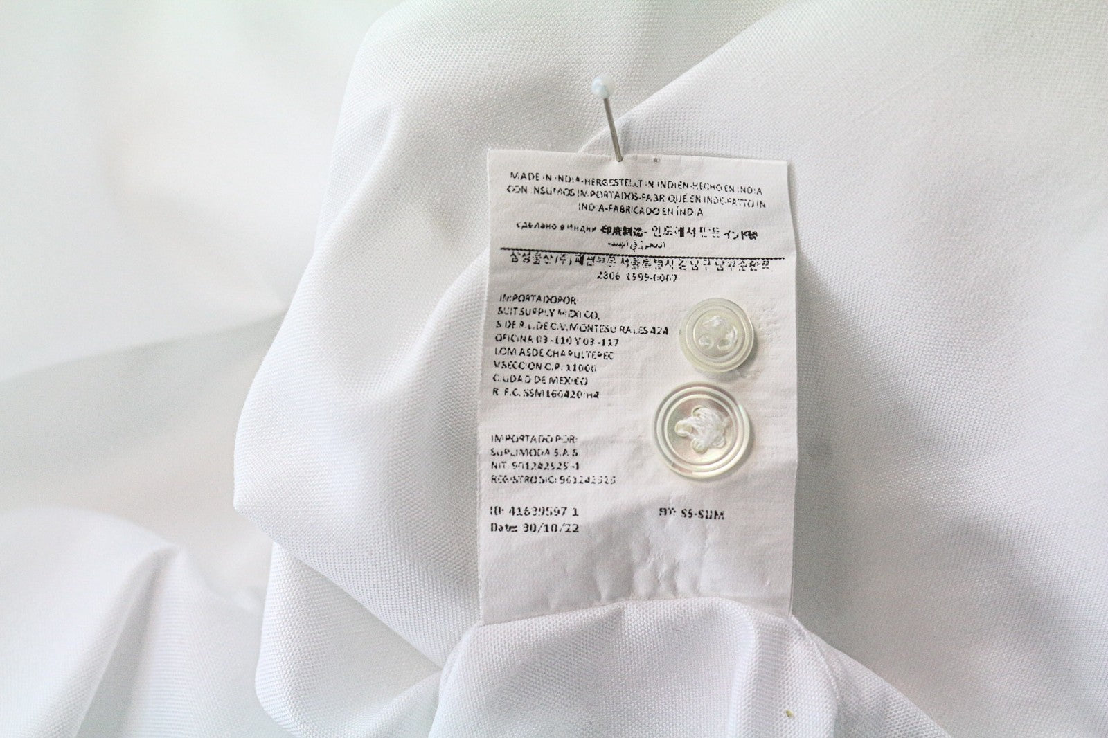 SUITSUPPLY Men's Formal Shirt ~S Slim White Cotton Spread Collar Long Sleeve