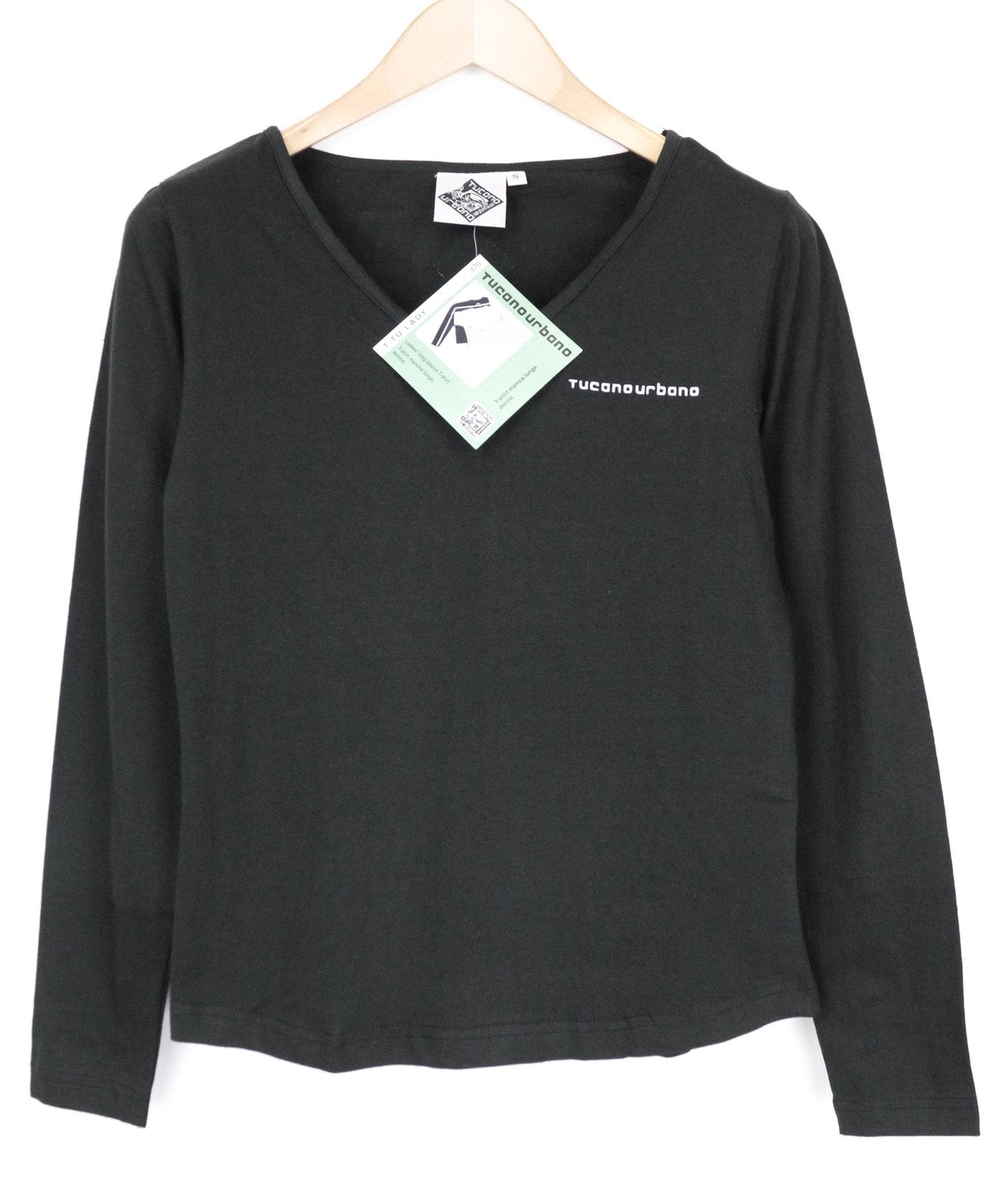 TUCANO URBANO T-TU moteriški marškinėliai su V formos iškirpte, juodi, medvilniniai, ilgomis rankovėmis, laisvalaikio stiliaus. 