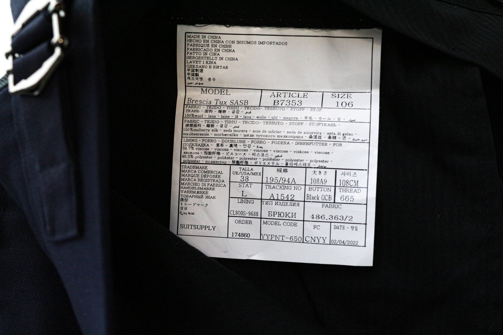 SUITSUPPLY Brescia Tux vyriškos kelnės, UK38L, tamsiai mėlynos, su pamušalu, klasikinės kelnės 