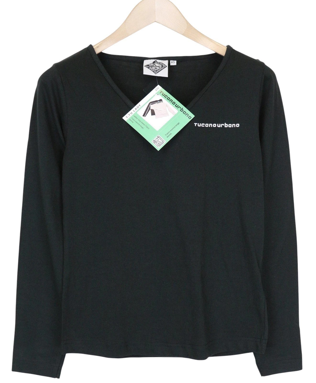 TUCANO URBANO T-TU moteriški marškinėliai ilgomis rankovėmis, XS dydžio, juodi, su medvilniniu logotipu, laisvalaikio stiliaus. 
