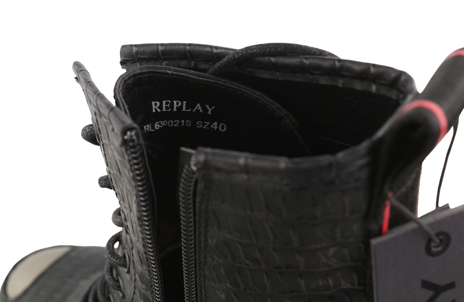 REPLAY moteriški aulinukai, juodi, 40 dydžio, „Ortholite“ stiliaus, krokodilo rašto, platforminis padas, palaidinė su kulkšnimis. 