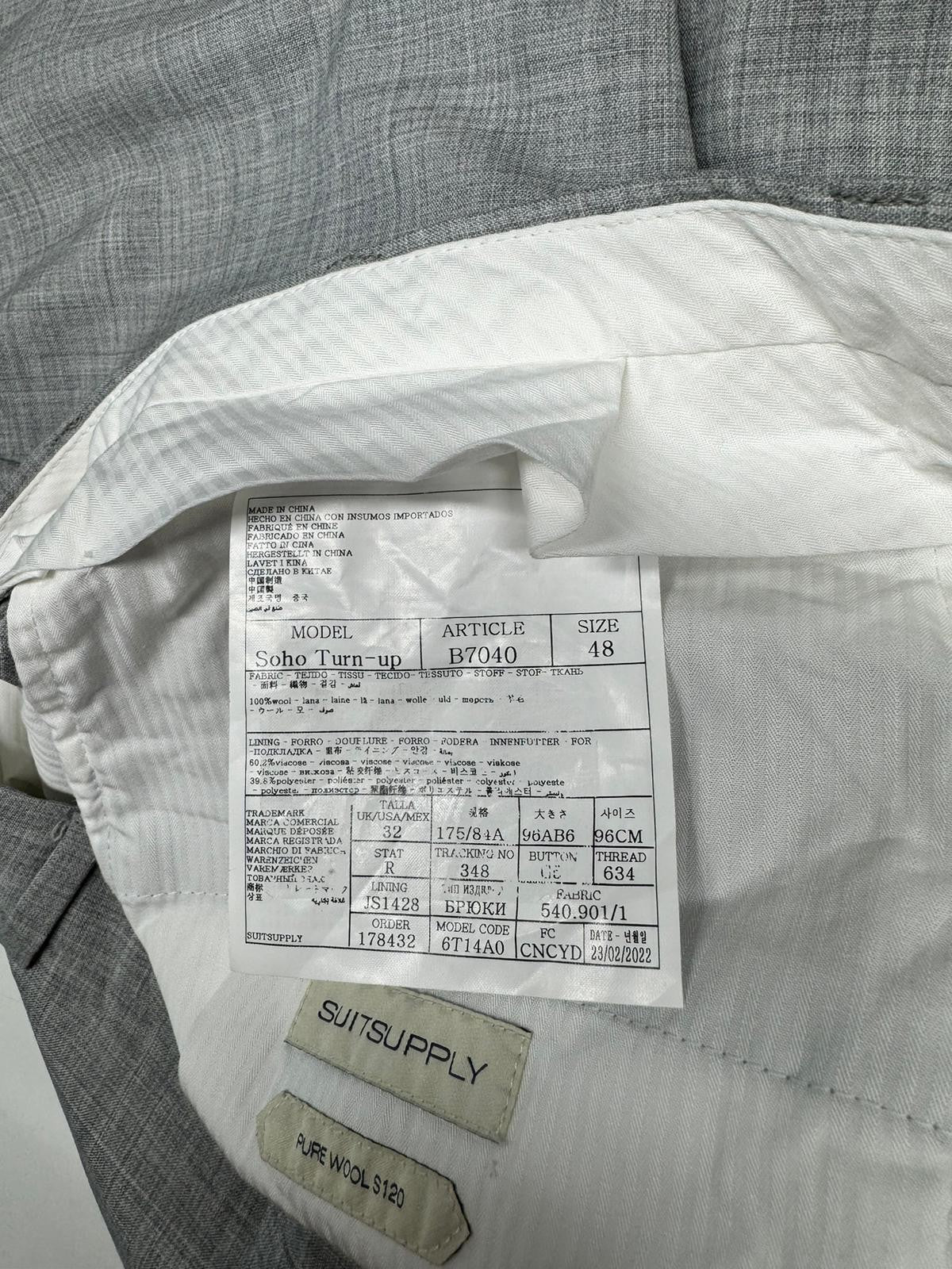 SUITSUPPLY Soho vyriškos kelnės su atlenkiamomis langais, UK32R, pilkos melanžo spalvos, grynos vilnos, Super S120 