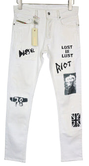 DIESEL Theppar vyriški džinsai W28 balti medvilniniai tamprūs džinsai su lopais ir dėmėmis 