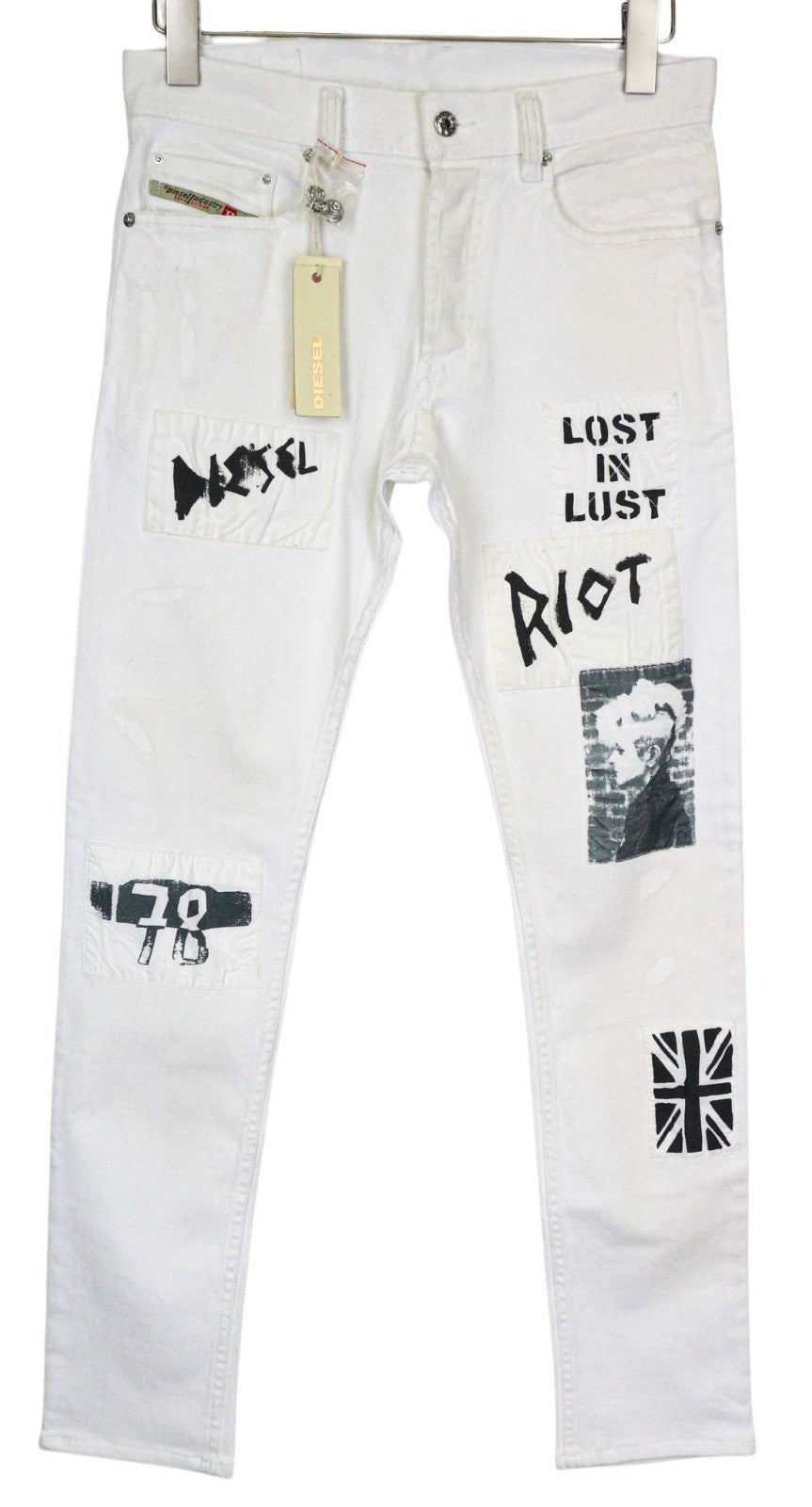 DIESEL Theppar vyriški džinsai W28 balti medvilniniai tamprūs džinsai su lopais ir dėmėmis 