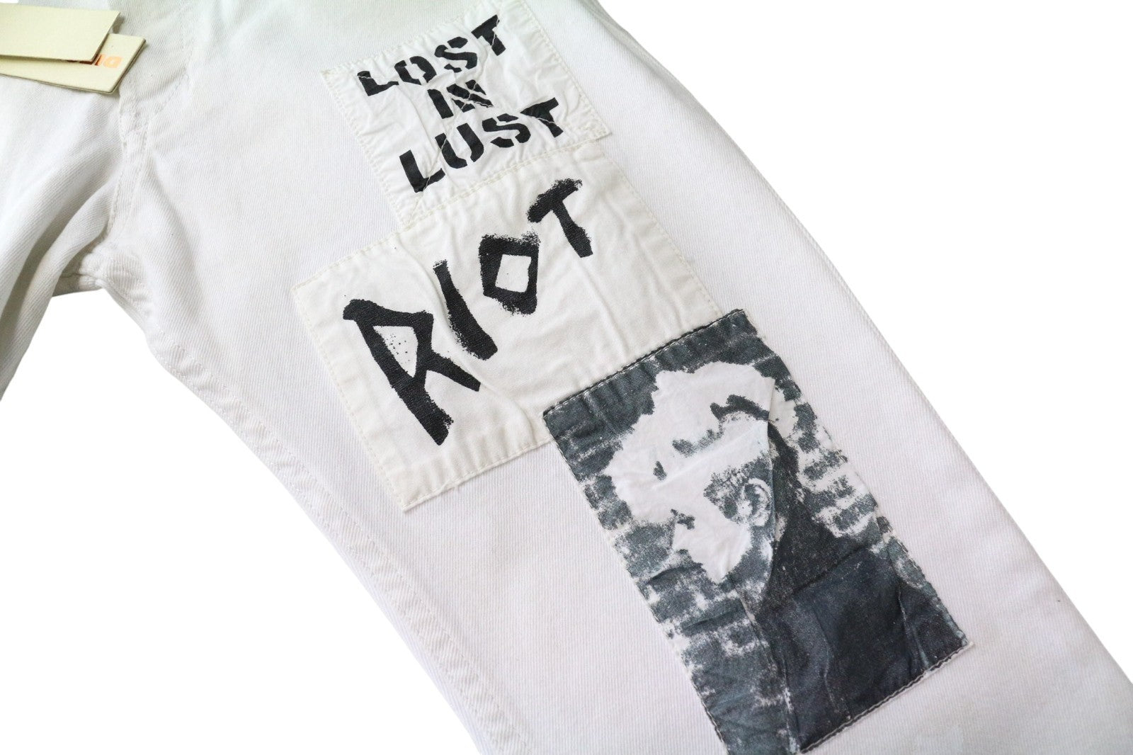 DIESEL Theppar vyriški džinsai W28 balti medvilniniai tamprūs džinsai su lopais ir dėmėmis 