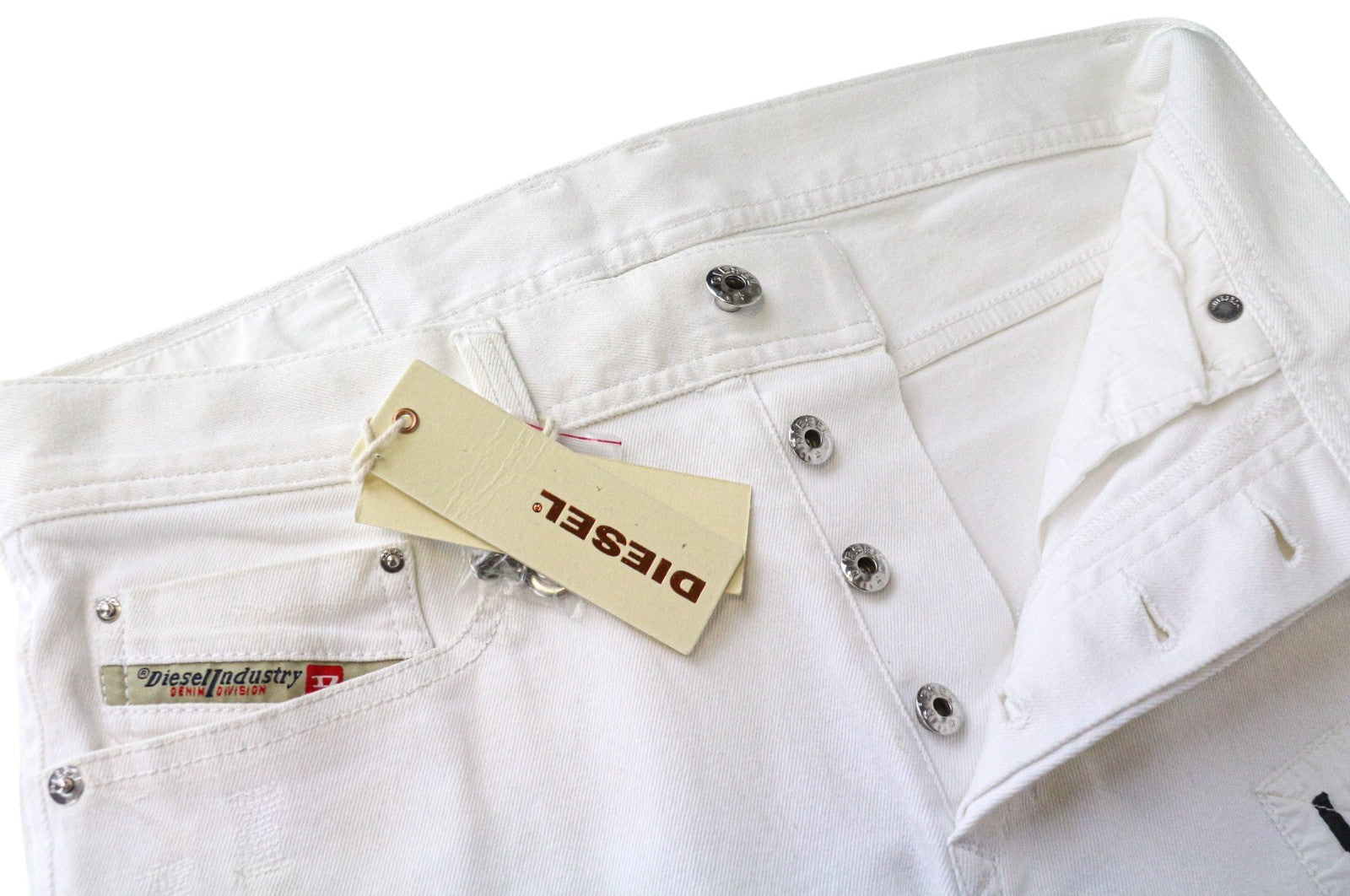 DIESEL Theppar vyriški džinsai W28 balti medvilniniai tamprūs džinsai su lopais ir dėmėmis 