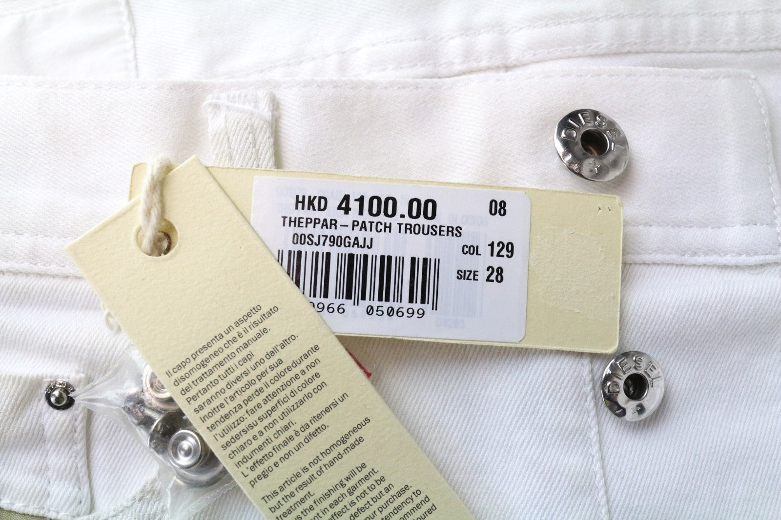 DIESEL Theppar vyriški džinsai W28 balti medvilniniai tamprūs džinsai su lopais ir dėmėmis 