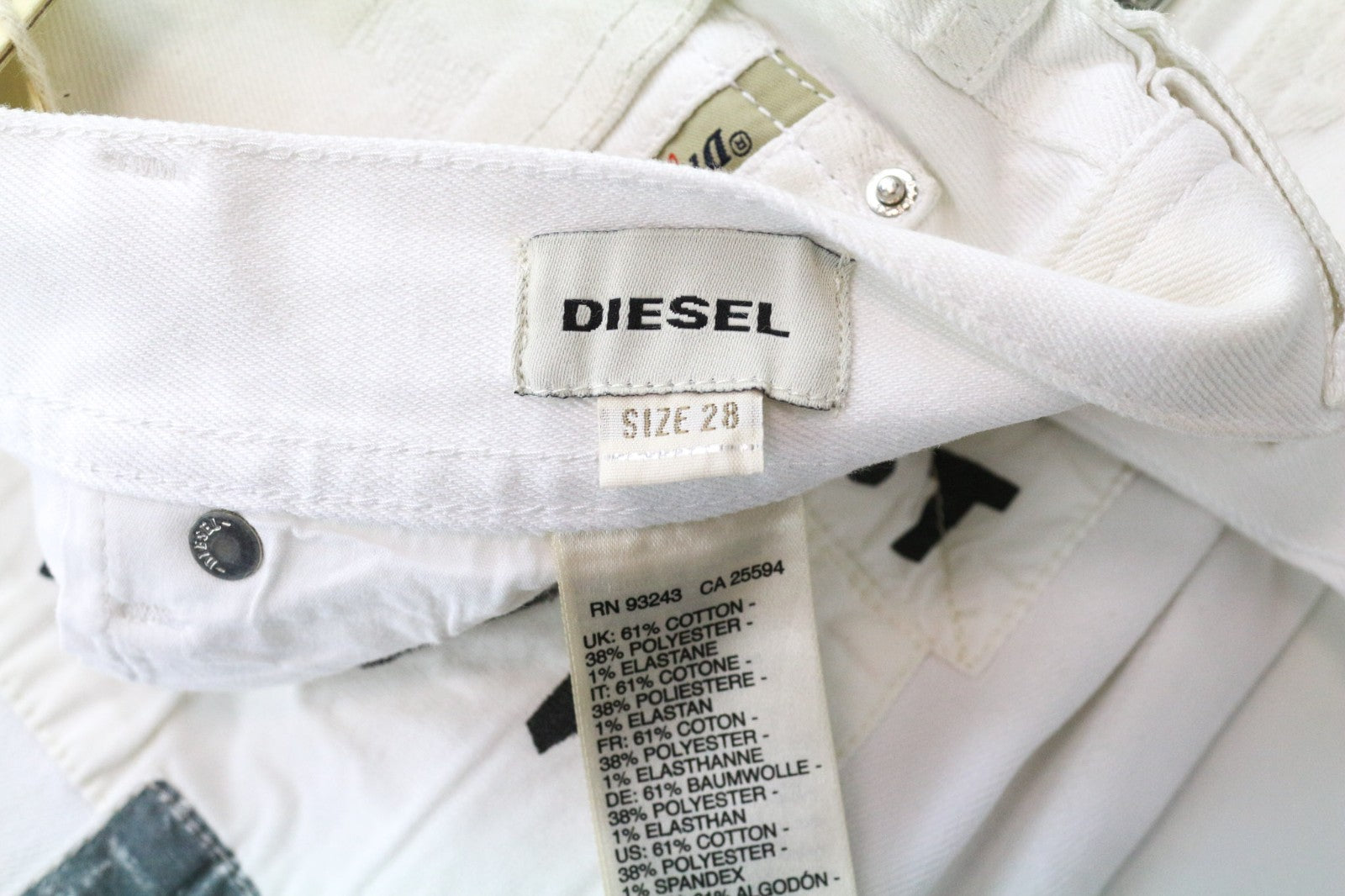 DIESEL Theppar vyriški džinsai W28 balti medvilniniai tamprūs džinsai su lopais ir dėmėmis 