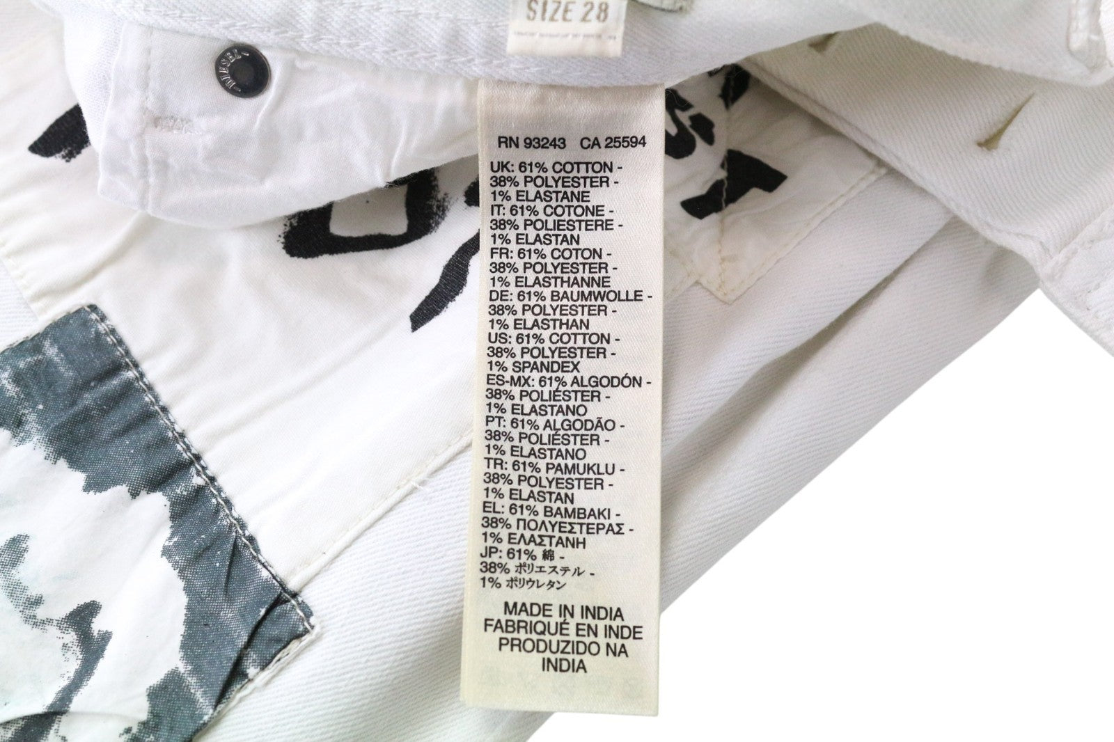 DIESEL Theppar vyriški džinsai W28 balti medvilniniai tamprūs džinsai su lopais ir dėmėmis 