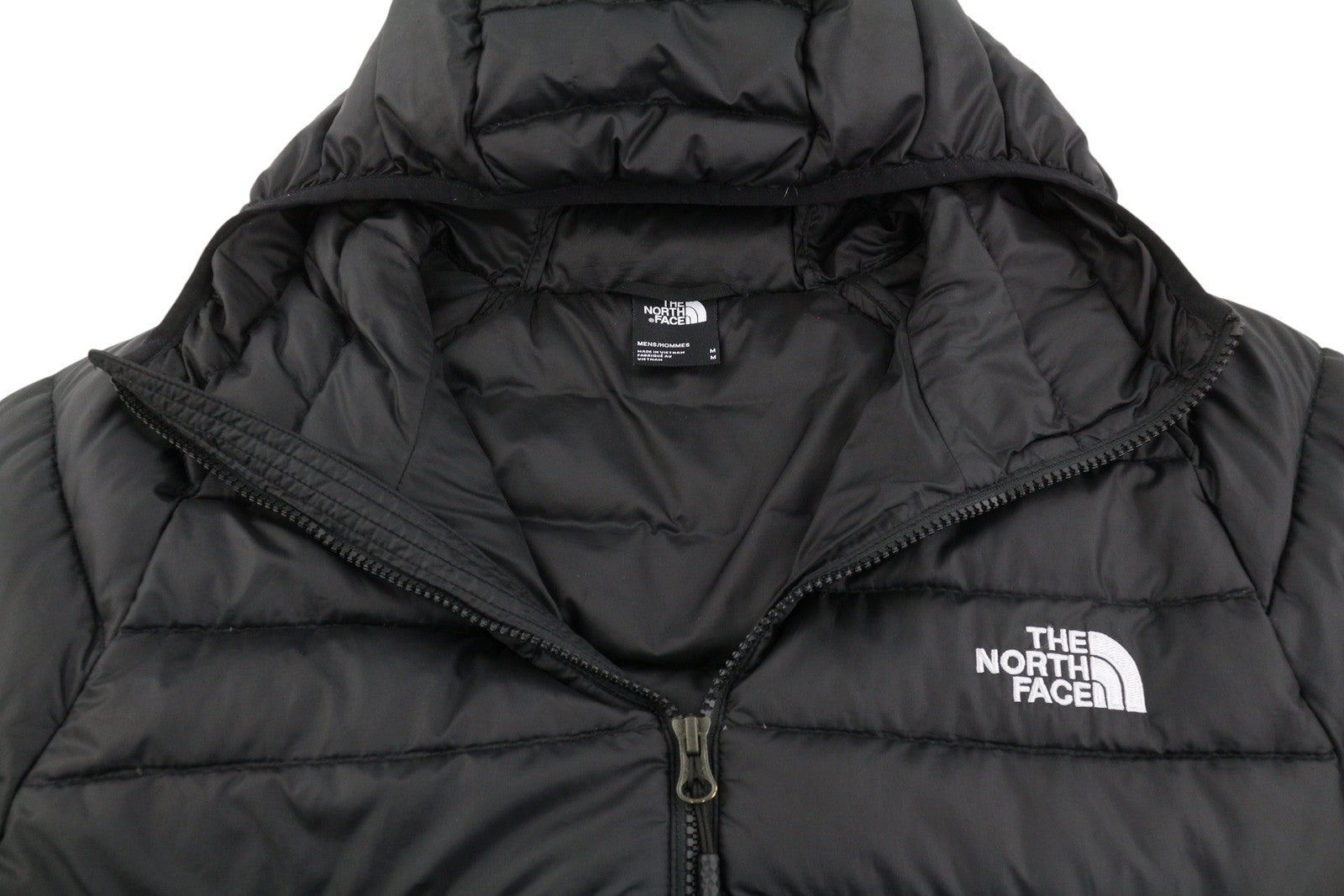 THE NORTH FACE Travail vyriška striukė M, juoda, 800 pūkuota, dygsniuota striukė su gobtuvu 