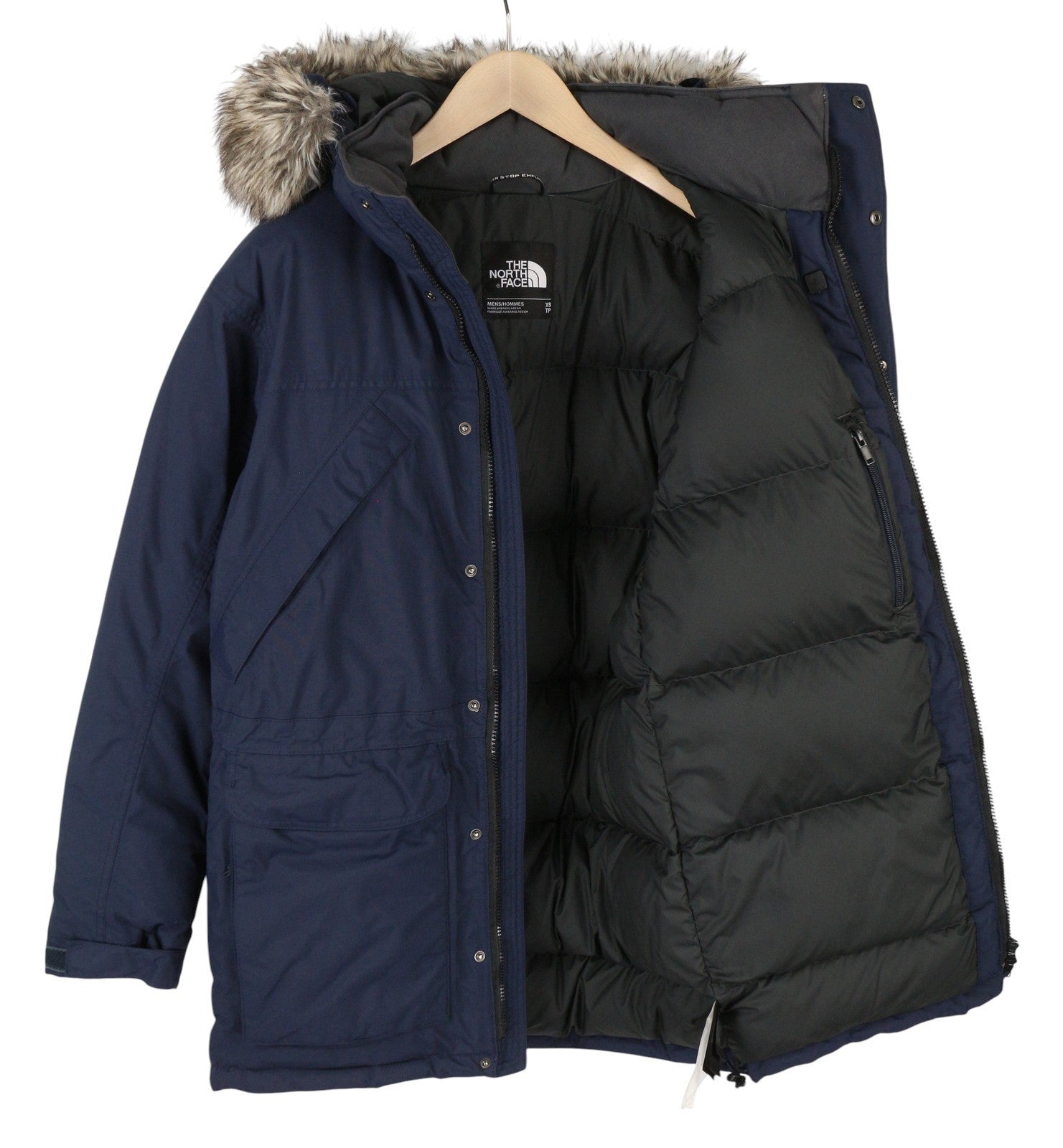 „THE NORTH FACE“ vyriška striukė XS, tamsiai mėlyna, 550 pūkuota, su gobtuvu ir užtrauktuku 