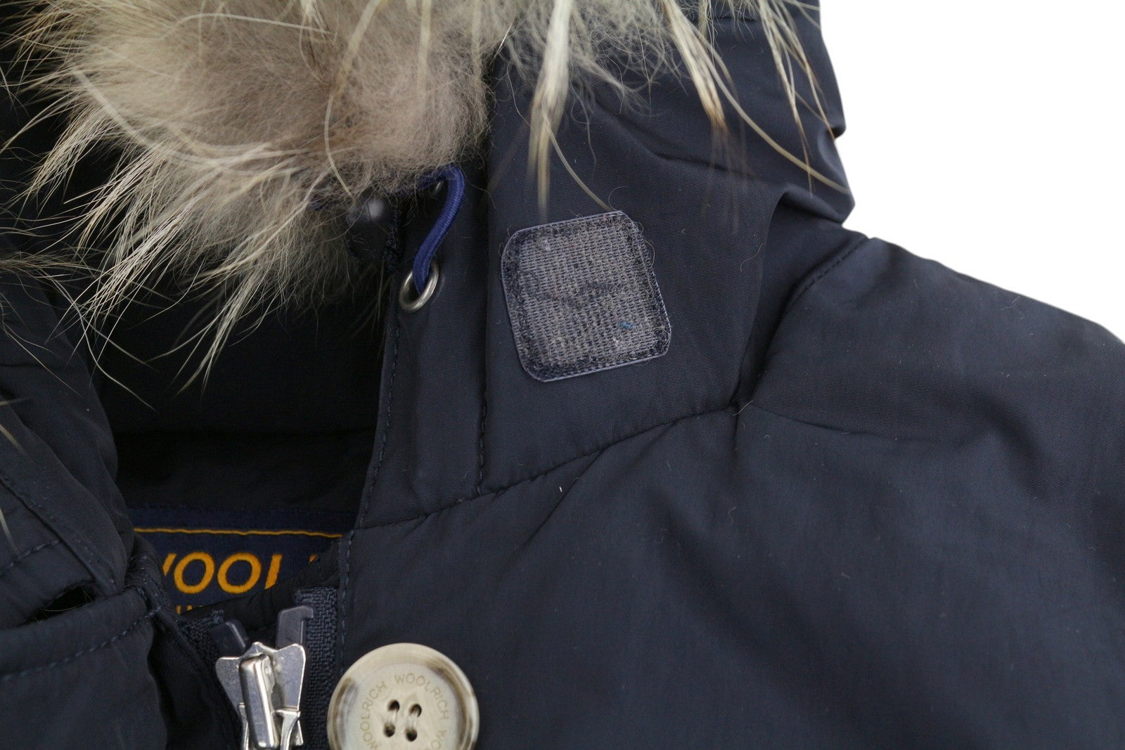 WOOLRICH moteriška striukė XS tamsiai mėlyna su ančių pūkų užpildu ir tikru kailiu, su gobtuvu, pilnu užtrauktuku 