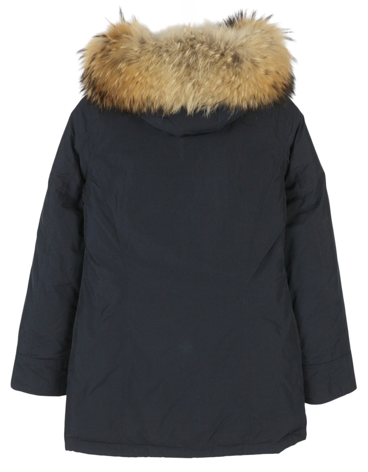 WOOLRICH moteriška striukė XS tamsiai mėlyna su ančių pūkų užpildu ir tikru kailiu, su gobtuvu, pilnu užtrauktuku 