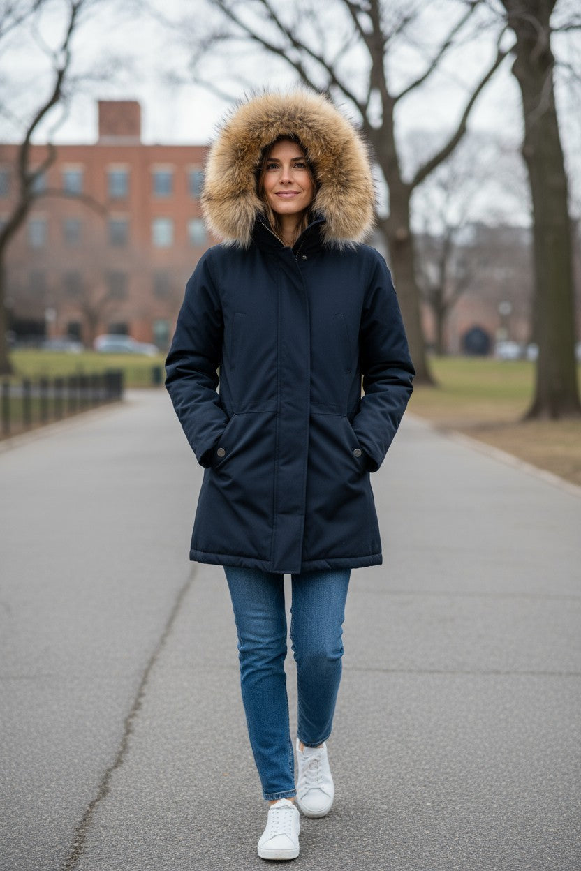 WOOLRICH moteriška striukė XS tamsiai mėlyna su ančių pūkų užpildu ir tikru kailiu, su gobtuvu, pilnu užtrauktuku 