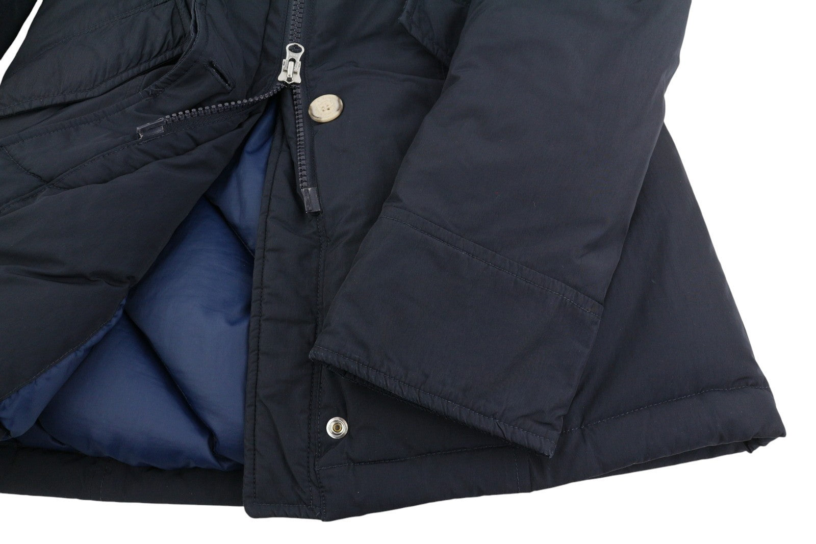 WOOLRICH moteriška striukė XS tamsiai mėlyna su ančių pūkų užpildu ir tikru kailiu, su gobtuvu, pilnu užtrauktuku 