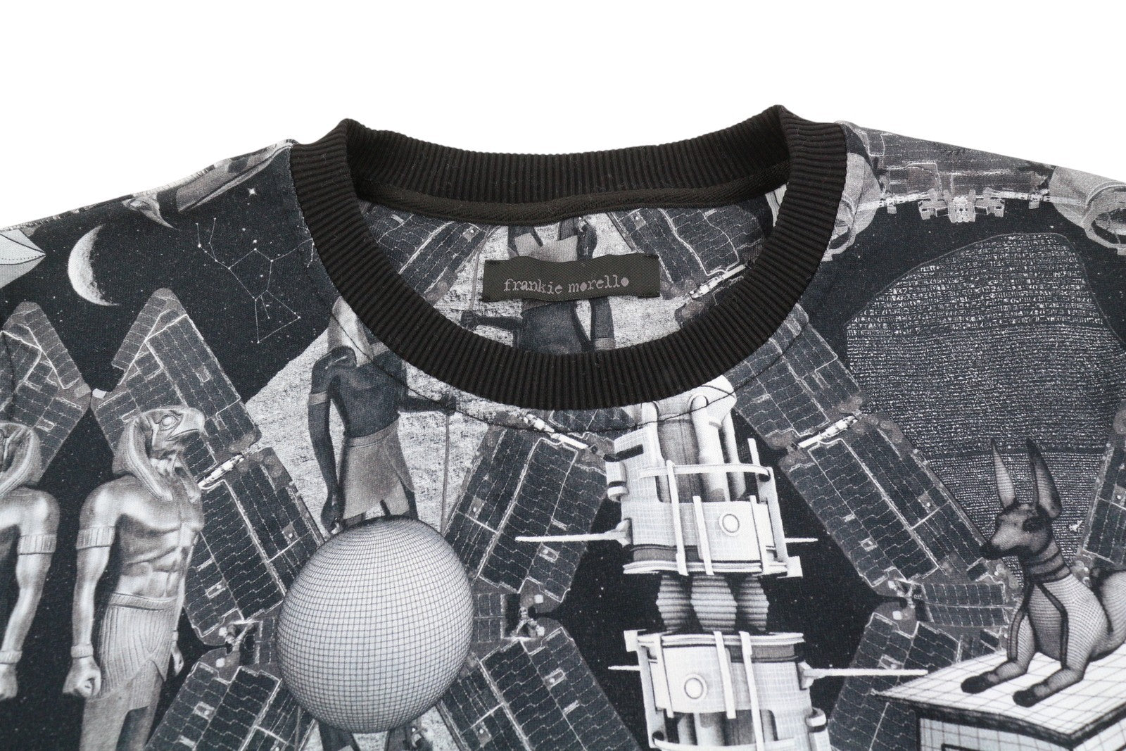 FRANKIE MORELLO vyriškas džemperis L dydžio, juodas, raštuotas logotipas, apvali kaklo iškirpte, laisvalaikio megztinis 