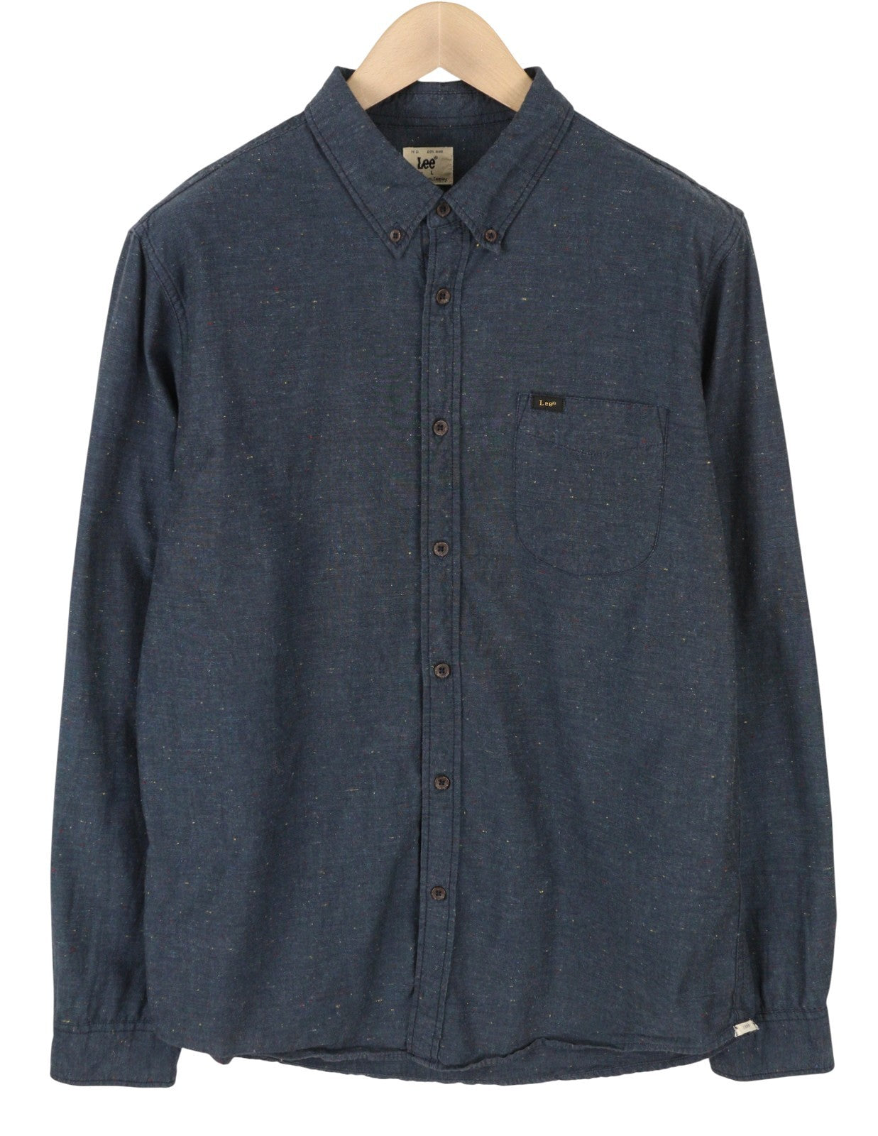 LEE vyriški marškinėliai su sagomis užsegamomis detalėmis, L dydžio, tamsiai mėlyni, raštuoti, su uždėtinėmis kišenėmis priekyje, laisvalaikio stiliaus. 