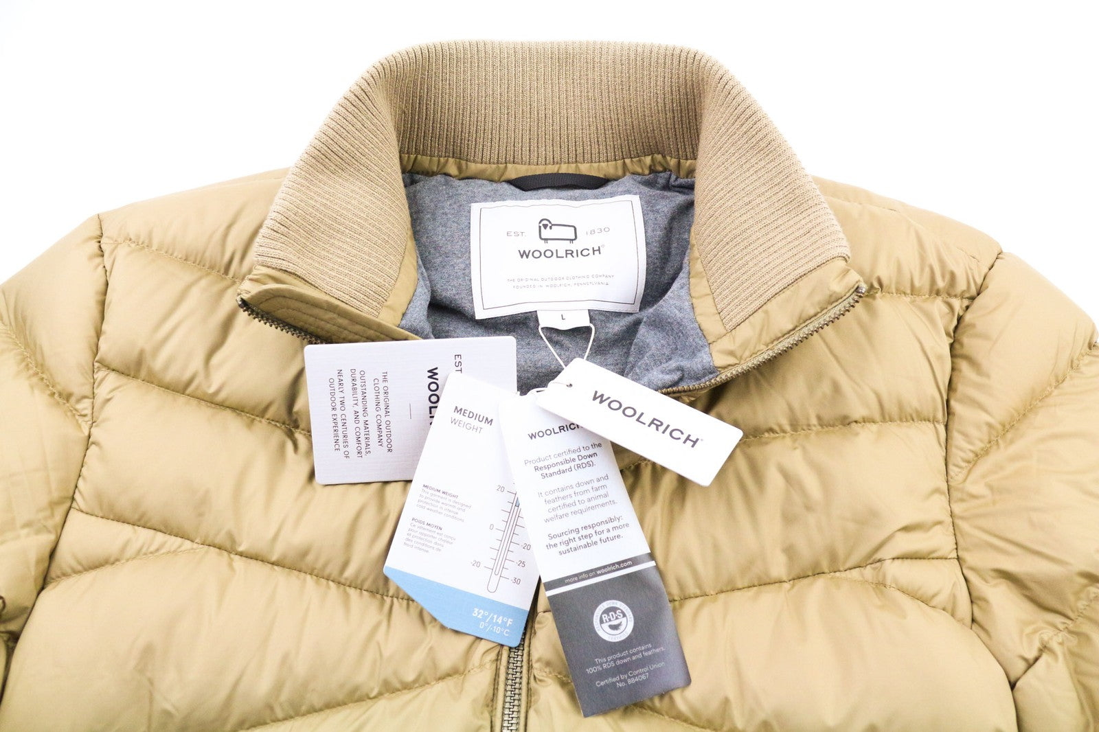 WOOLRICH Sundance pūkinė vyriška striukė L ruda, dygsniuota, paminkštinta, užtrauktuku, aukšta apykakle 